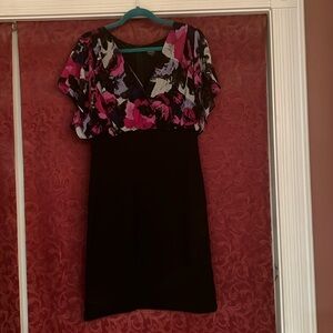 floral and black dress.